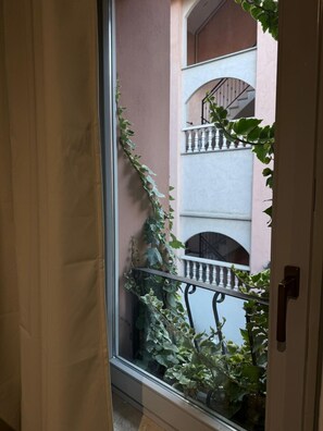Vista a través d'una porta de vidre amb barana de balcó metàl·lica, una planta amb vinyes penjants i un edifici amb balcons al fons.