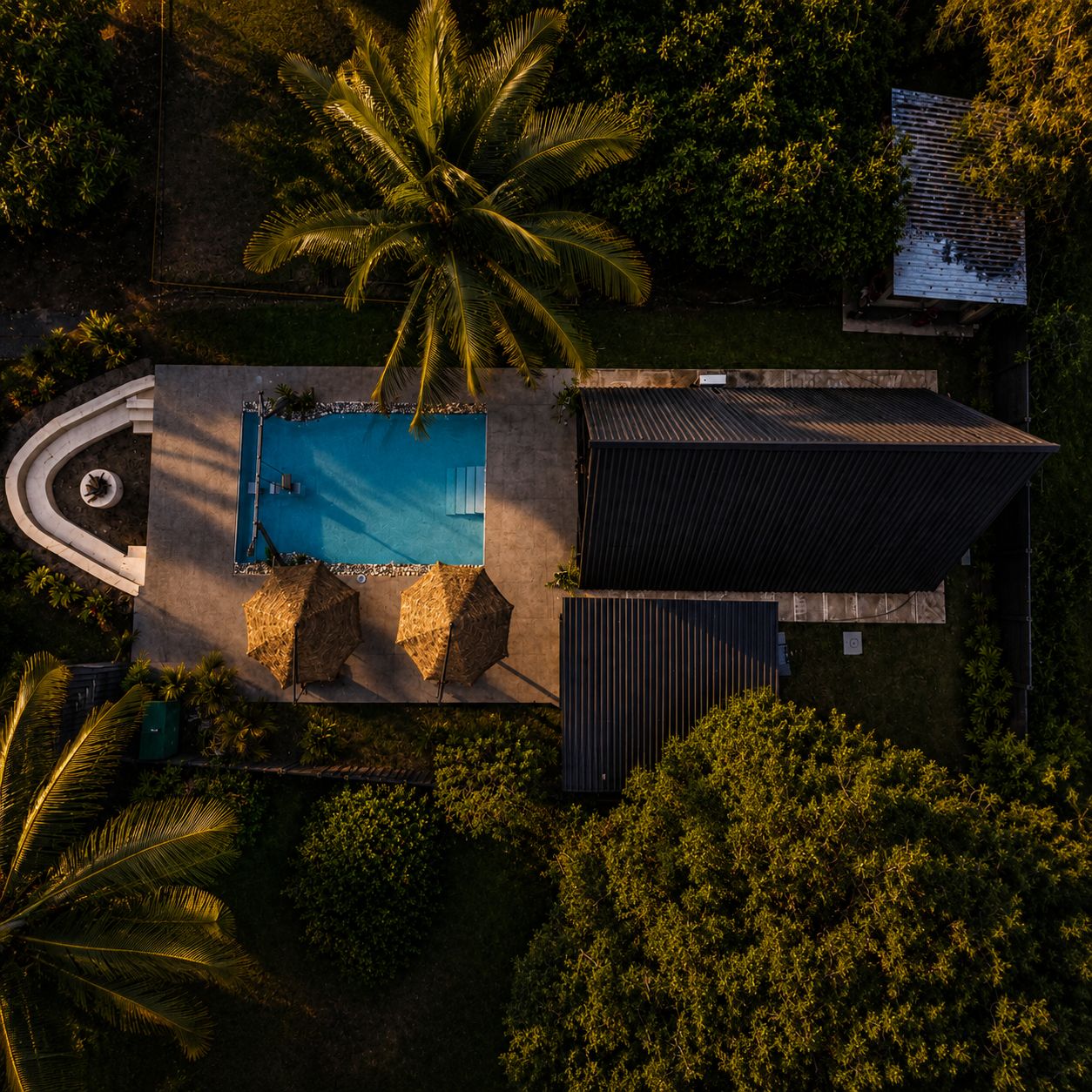 Vista aérea de una propiedad con piscina, una palmera grande y un edificio moderno con techo inclinado.