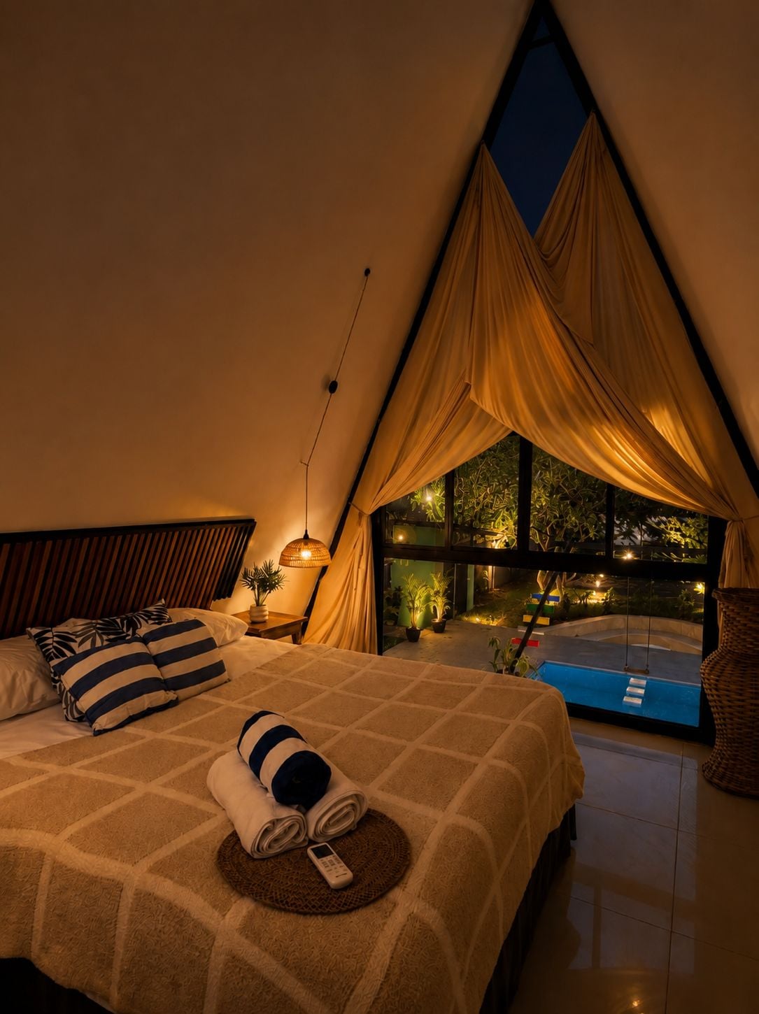 Una camera da letto con un letto, cuscini, una lampada da comodino e vista su una piscina.