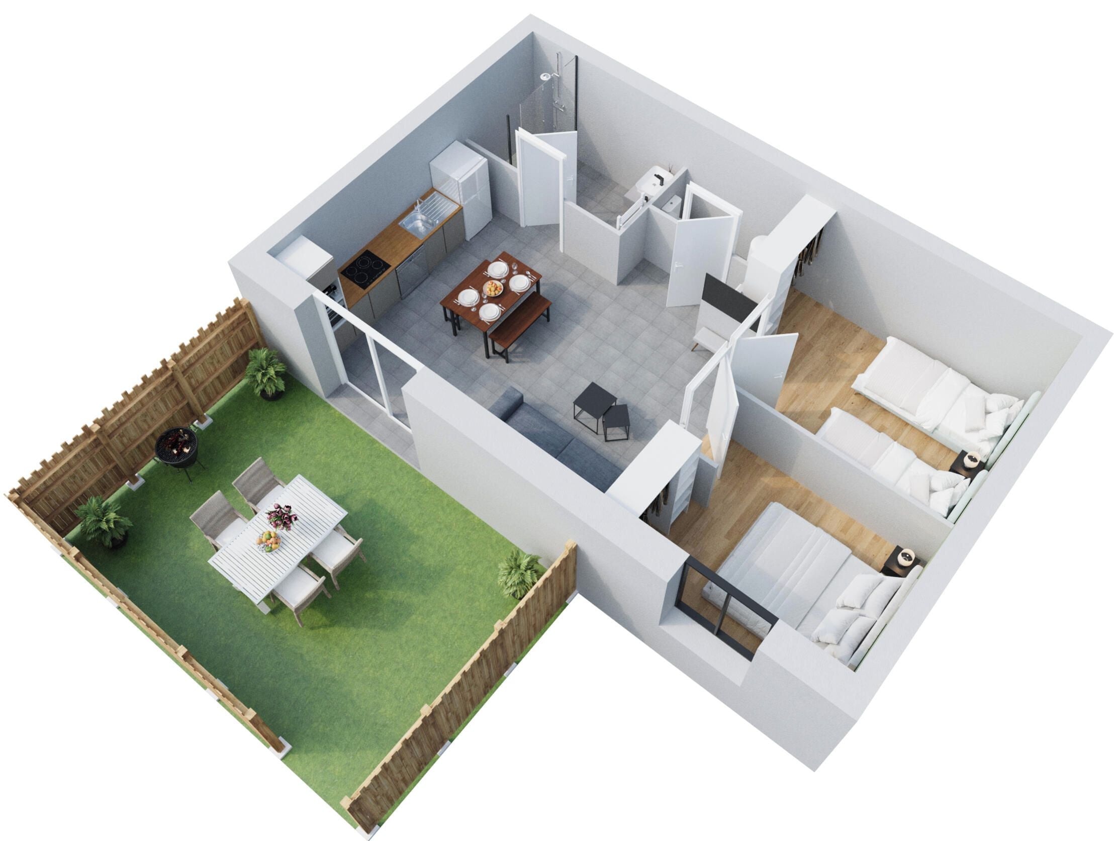 A 3D floor plan of a modern apartment with a kitchen, dining area, two bedrooms, a bathroom, and a small outdoor patio.