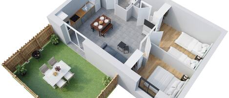A 3D floor plan of a modern apartment with a kitchen, dining area, two bedrooms, a bathroom, and a small outdoor patio.
