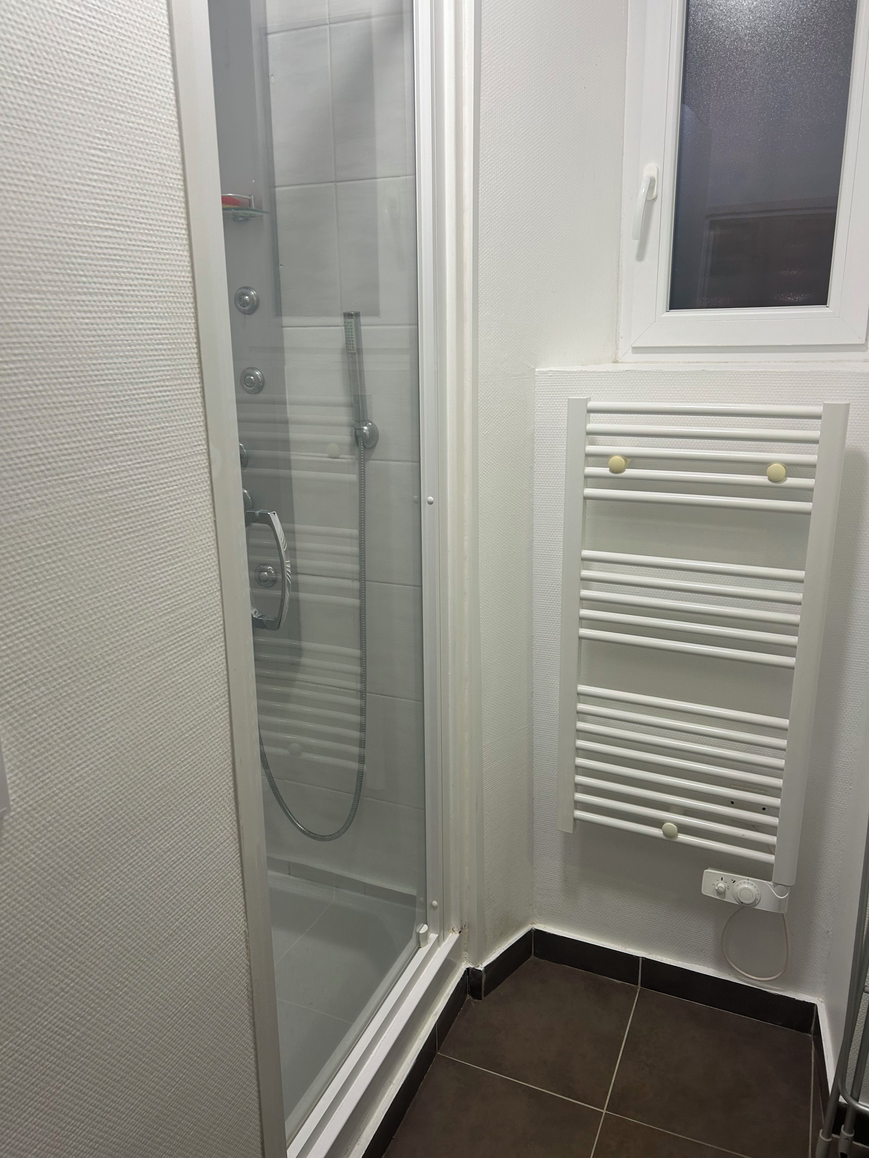 Un bany amb plat de dutxa de vidre, un escurapulides blanc i un radiador.