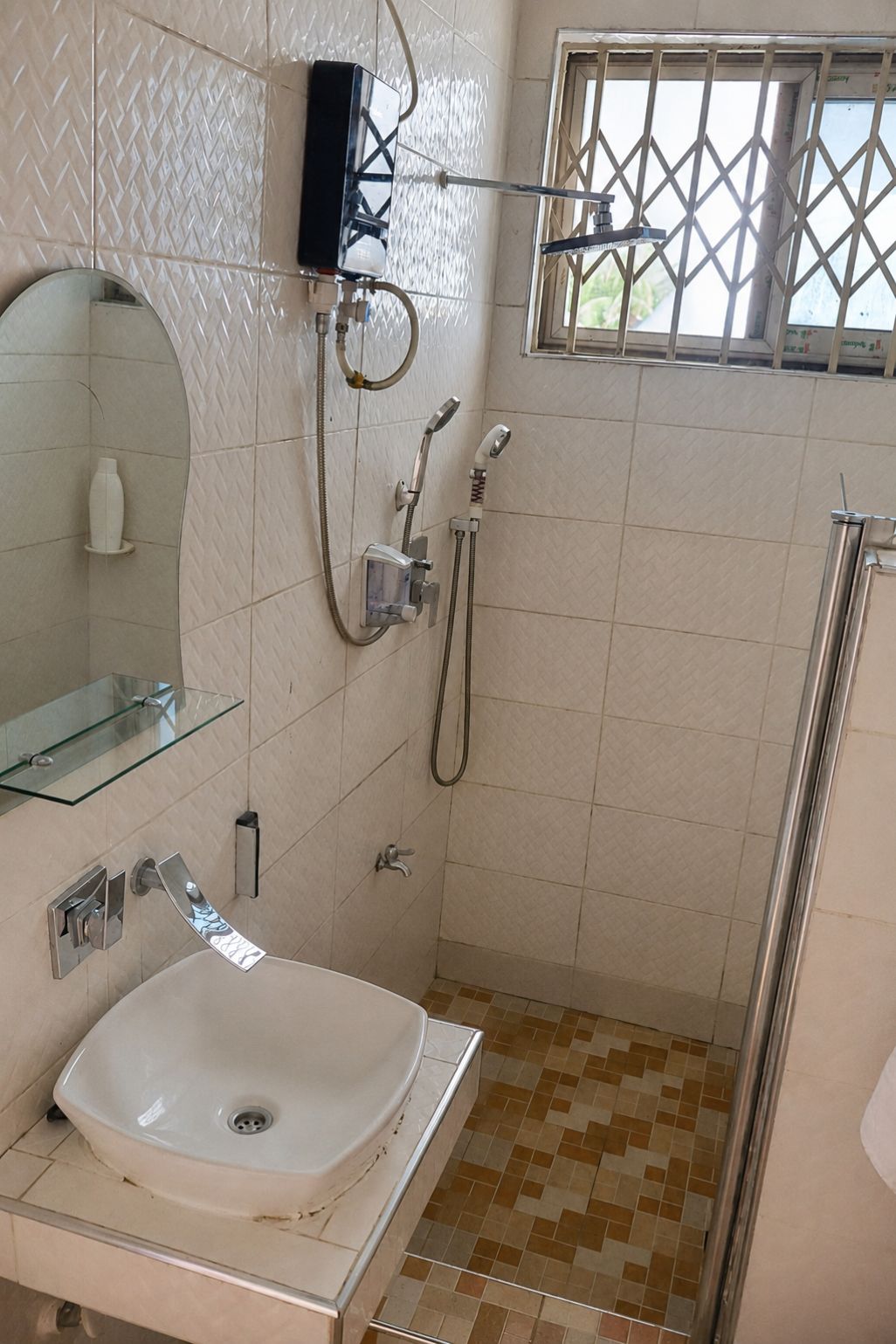 Shower, towels, soap, toilet paper