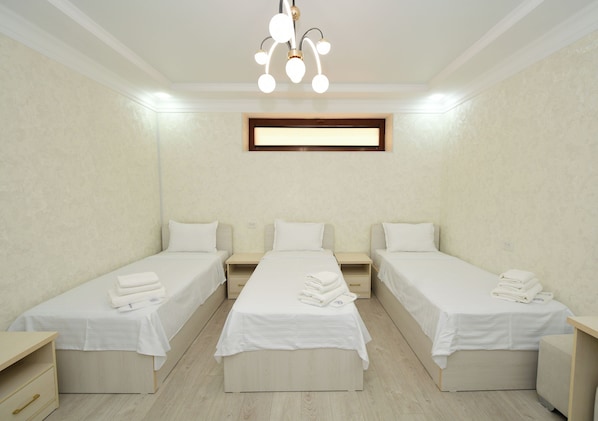 Habitación de hotel con dos camas individuales, un escritorio pequeño, una mesita de noche, una lámpara del techo y una ventana con persianas.