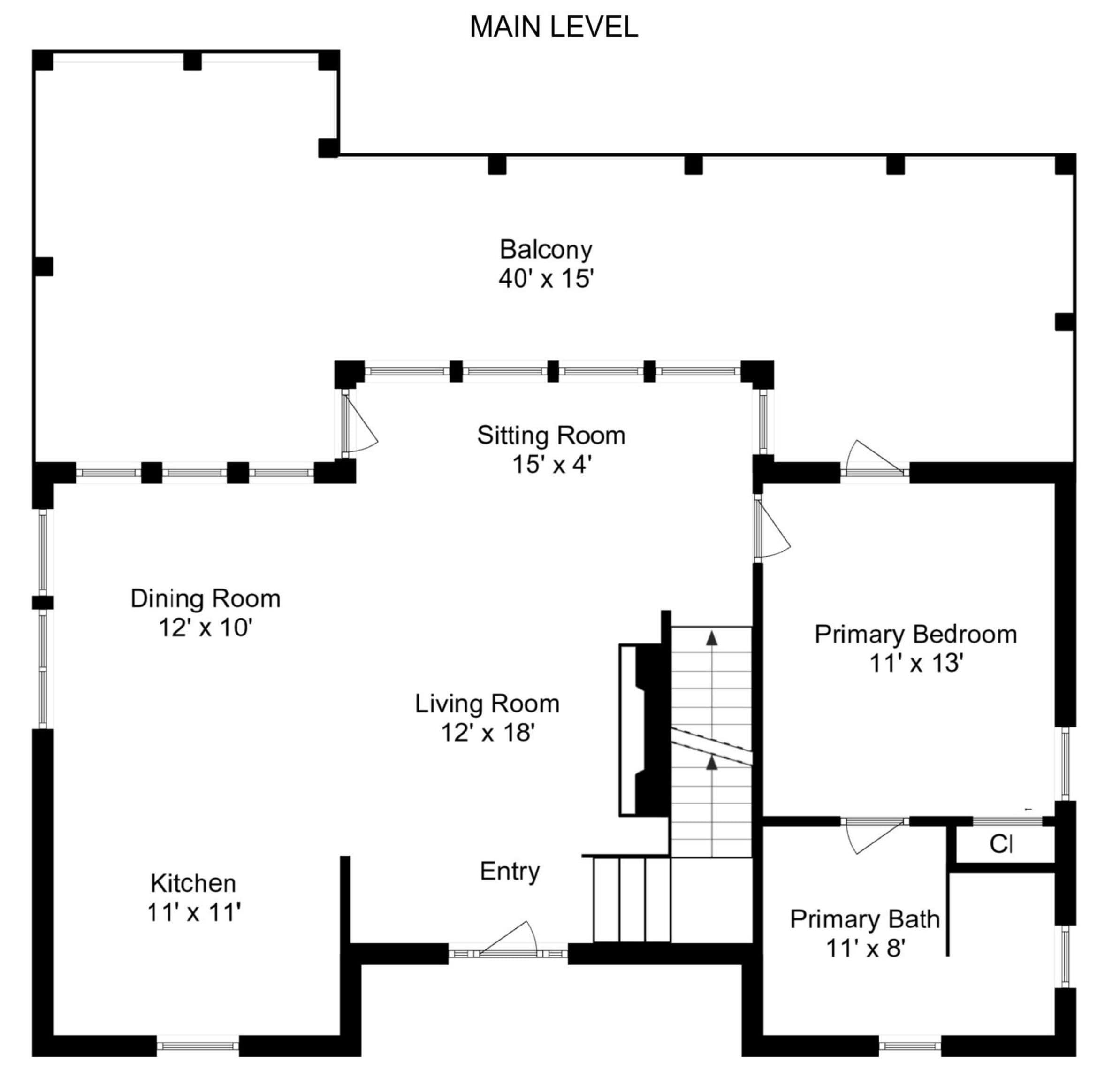 A floor plan with a main level including a balcony, sitting room, dining room, kitchen, living room, entry, primary bedroom, and primary bath.