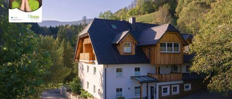 Una casa a due piani con tetto spiovente, rivestimento in legno e vialetto lastricato.