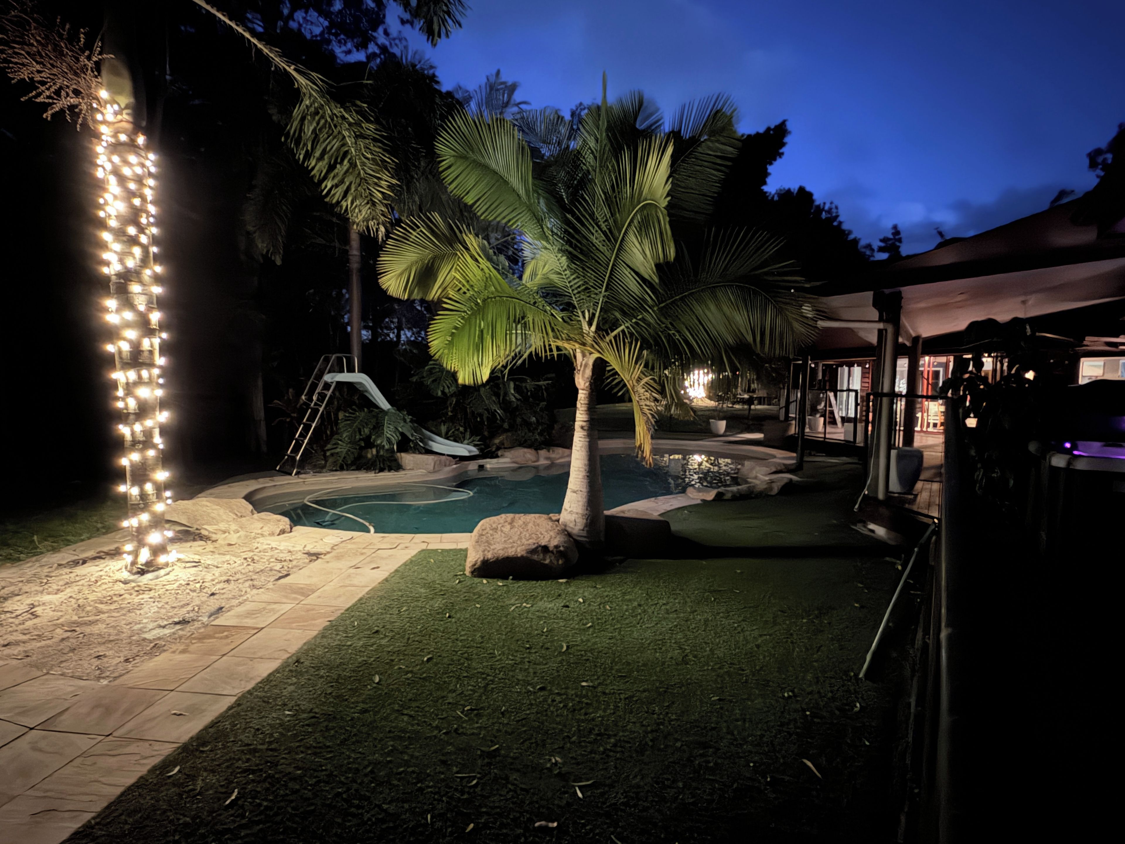 A nighttime outdoor area with a swimming pool, palm trees, and a string of lights.