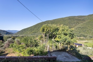 Paisatge rural amb un turó, arbres i una construcció de maó.