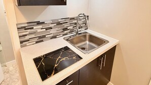 A compact kitchen with dark cabinets, a stainless steel sink, and a marble countertop. - Your private terrace next to St Boniface Université and Hospital Ver Walkable (Winnipeg)