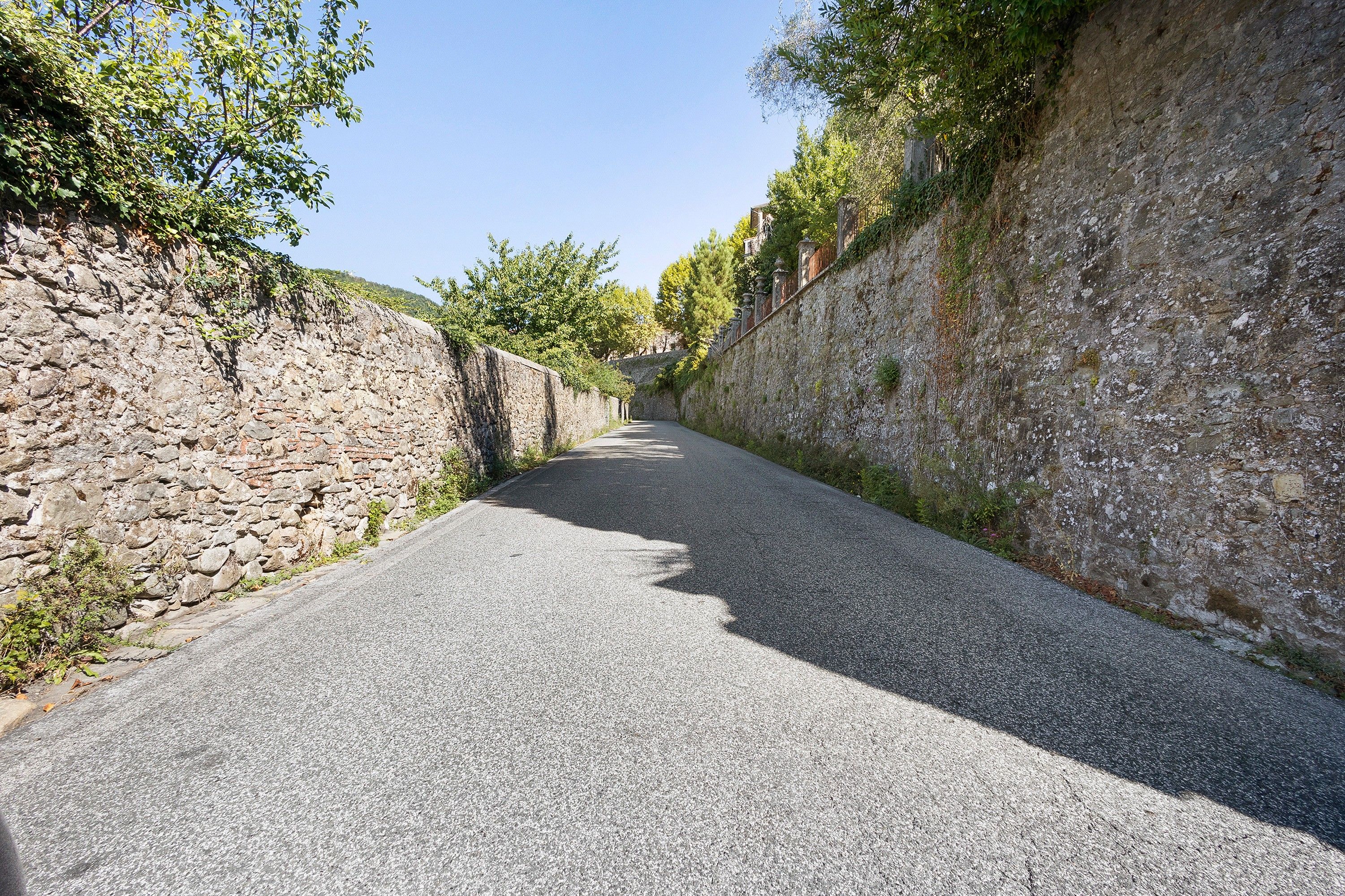 A narrow paved road flanked by stone walls and greenery.