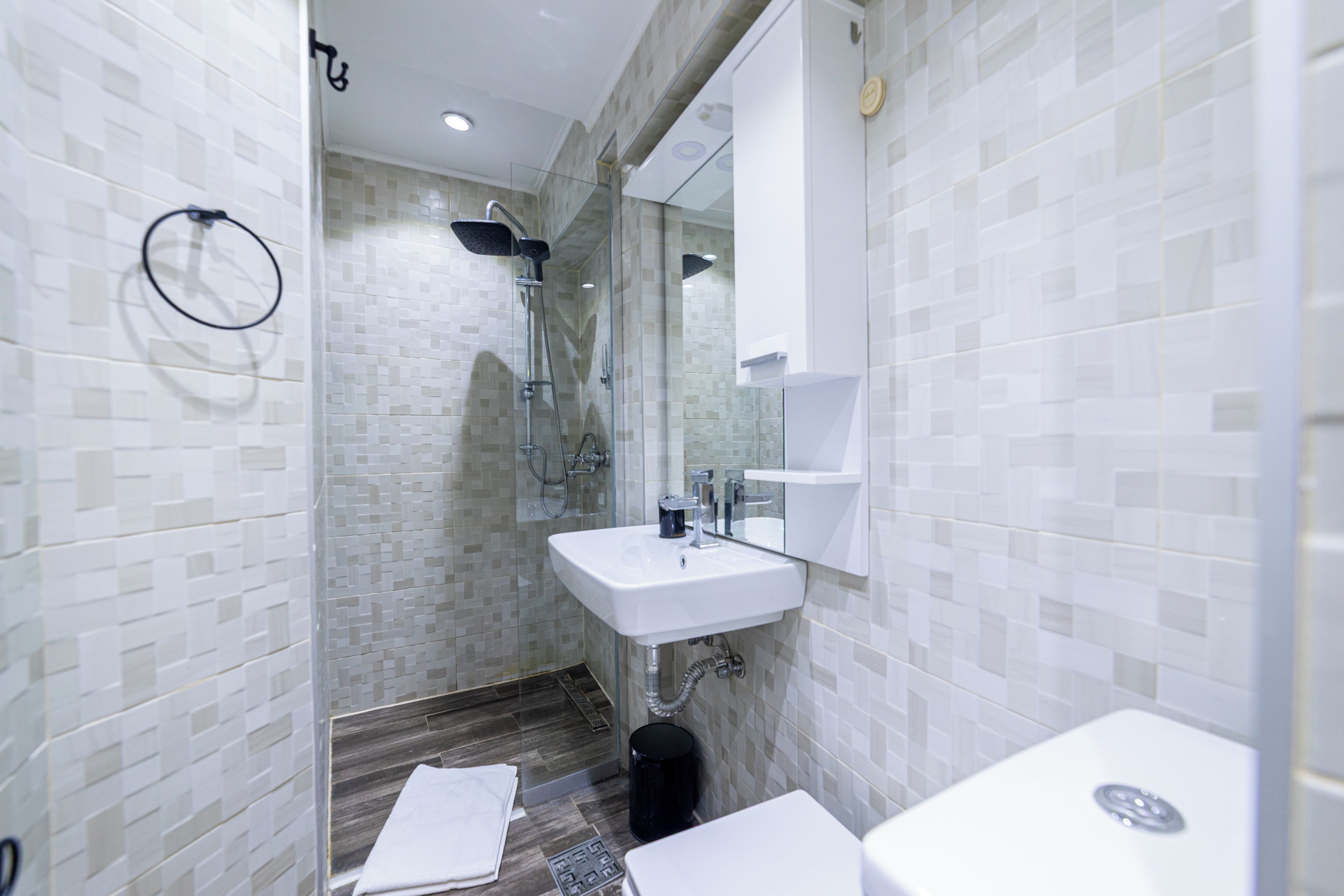 Une salle de bain moderne avec une douche à parois de verre, un lavabo blanc et un miroir au-dessus.