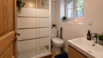 A bathroom with a glass shower enclosure, a toilet, a sink with a mirror, and a window with a plant.