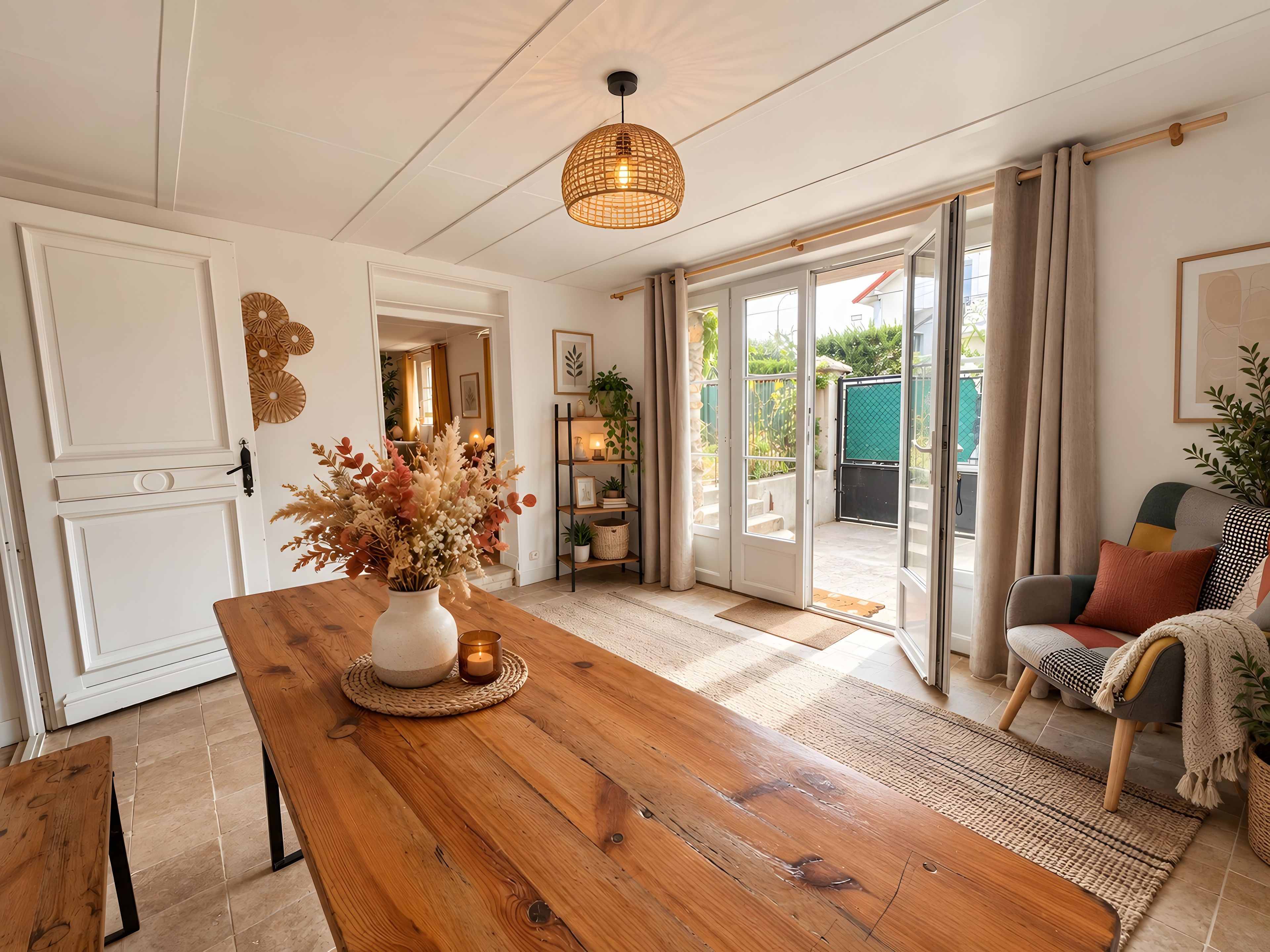 Een kamer met een houten tafel, een vaas met gedroogde bloemen, een hanglamp en een uitzicht door een glazen deur op een buitengebied.