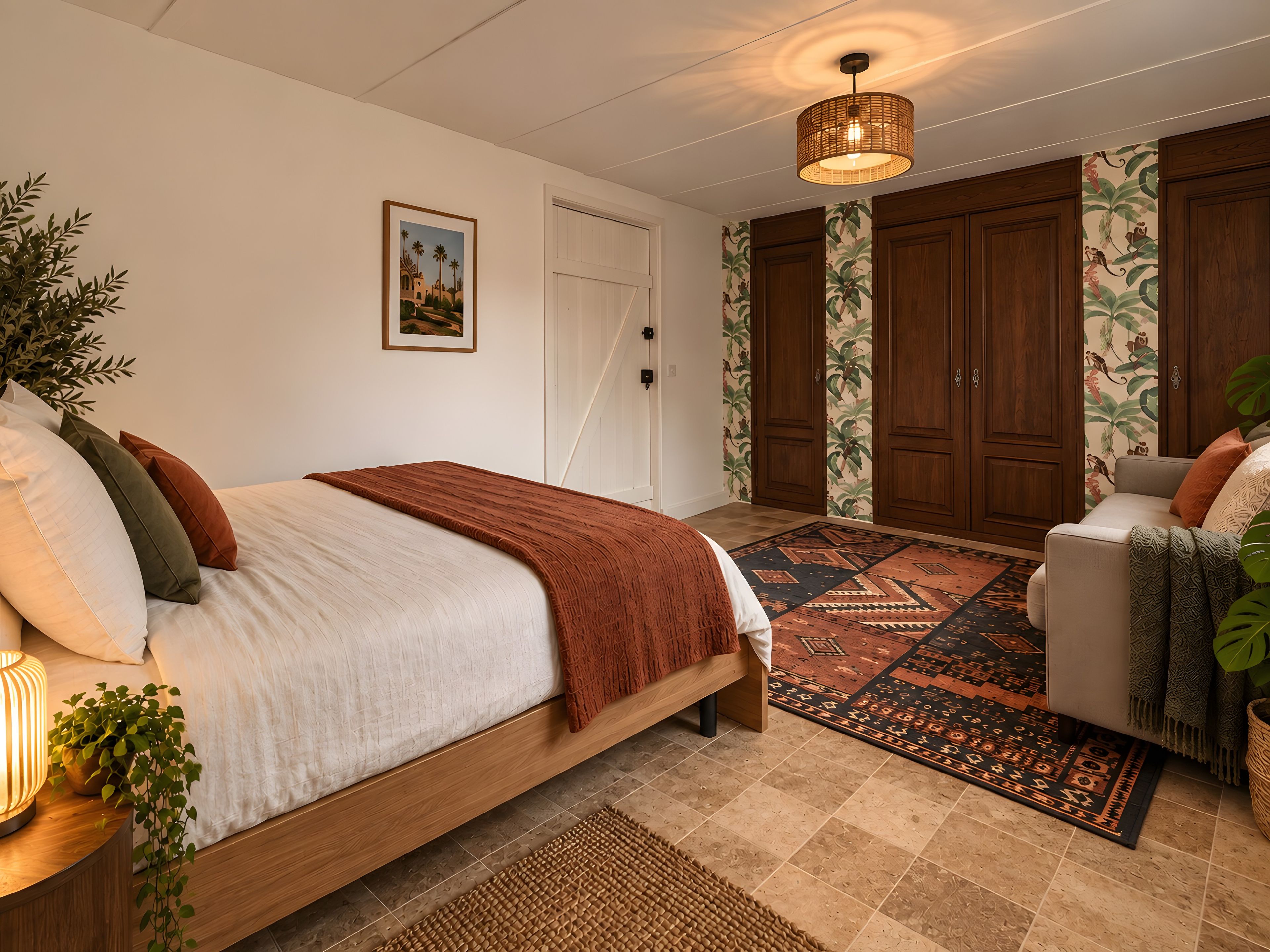 Une chambre à coucher avec un lit, une table de chevet, une lampe et une grande fenêtre.