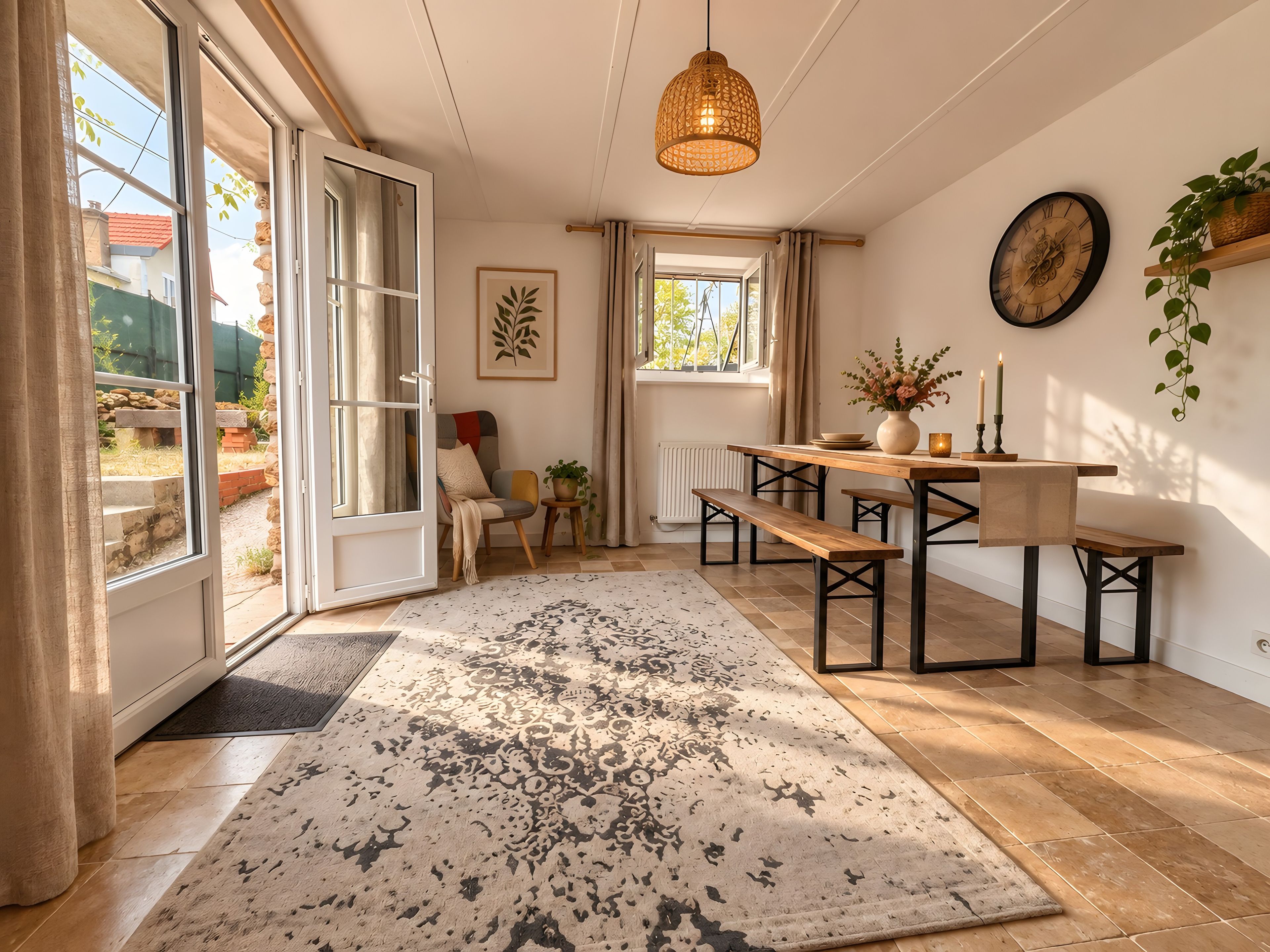 Une pièce comprenant une table à manger, des bancs, un luminaire suspendu, une horloge et une fenêtre avec des rideaux.
