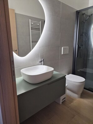 A modern bathroom with a large mirror, a white sink, and a toilet. - Domus Harmoniae (Albano Laziale)