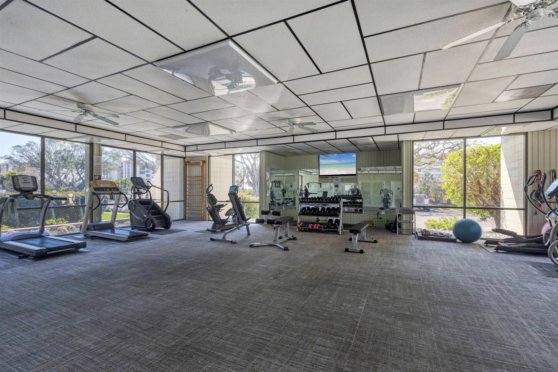 A modern gym with cardio machines, weightlifting equipment, and a large TV screen.