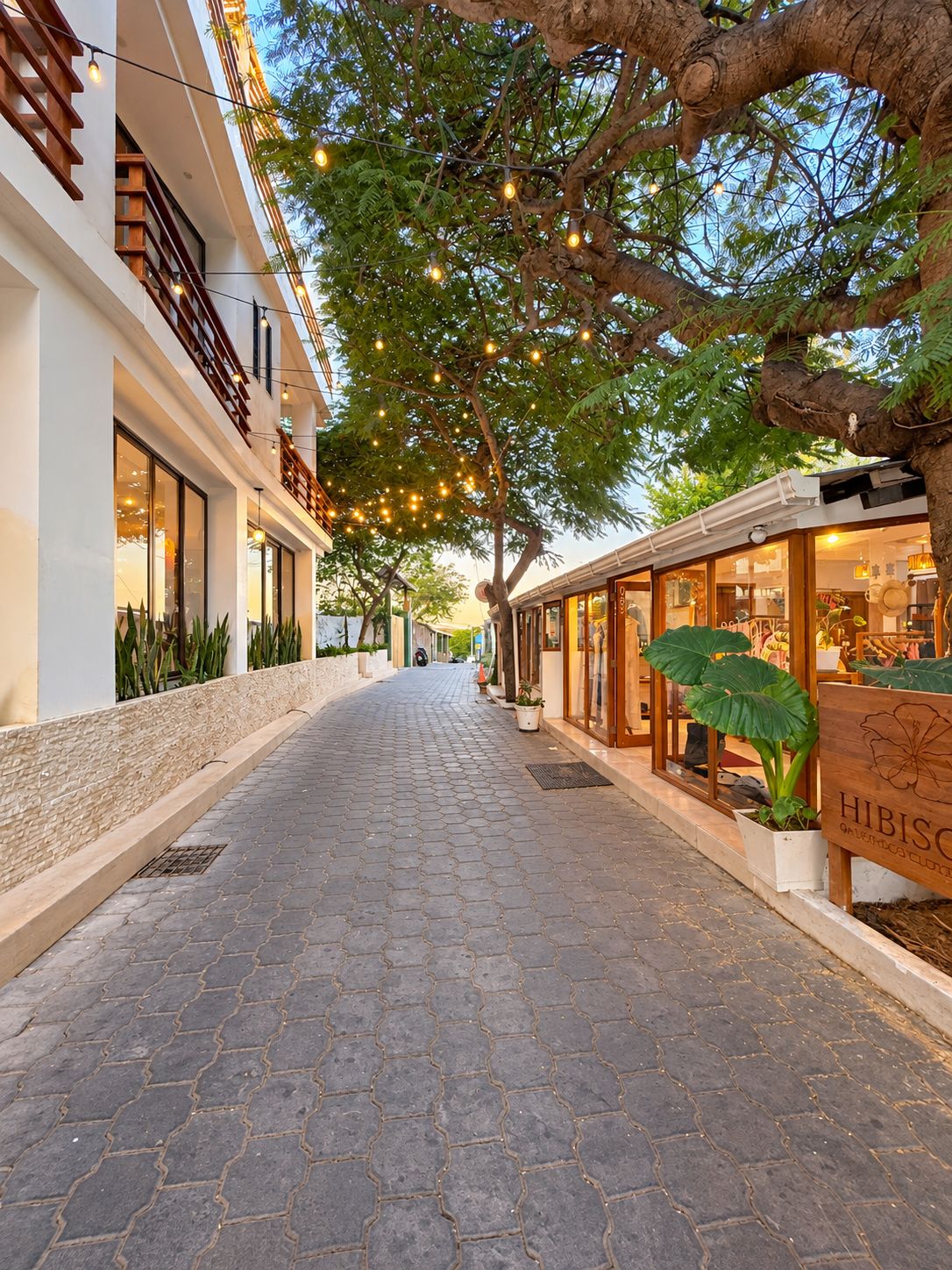 A paved alleyway with shops on either side, overhead string lights, and a tree providing shade.