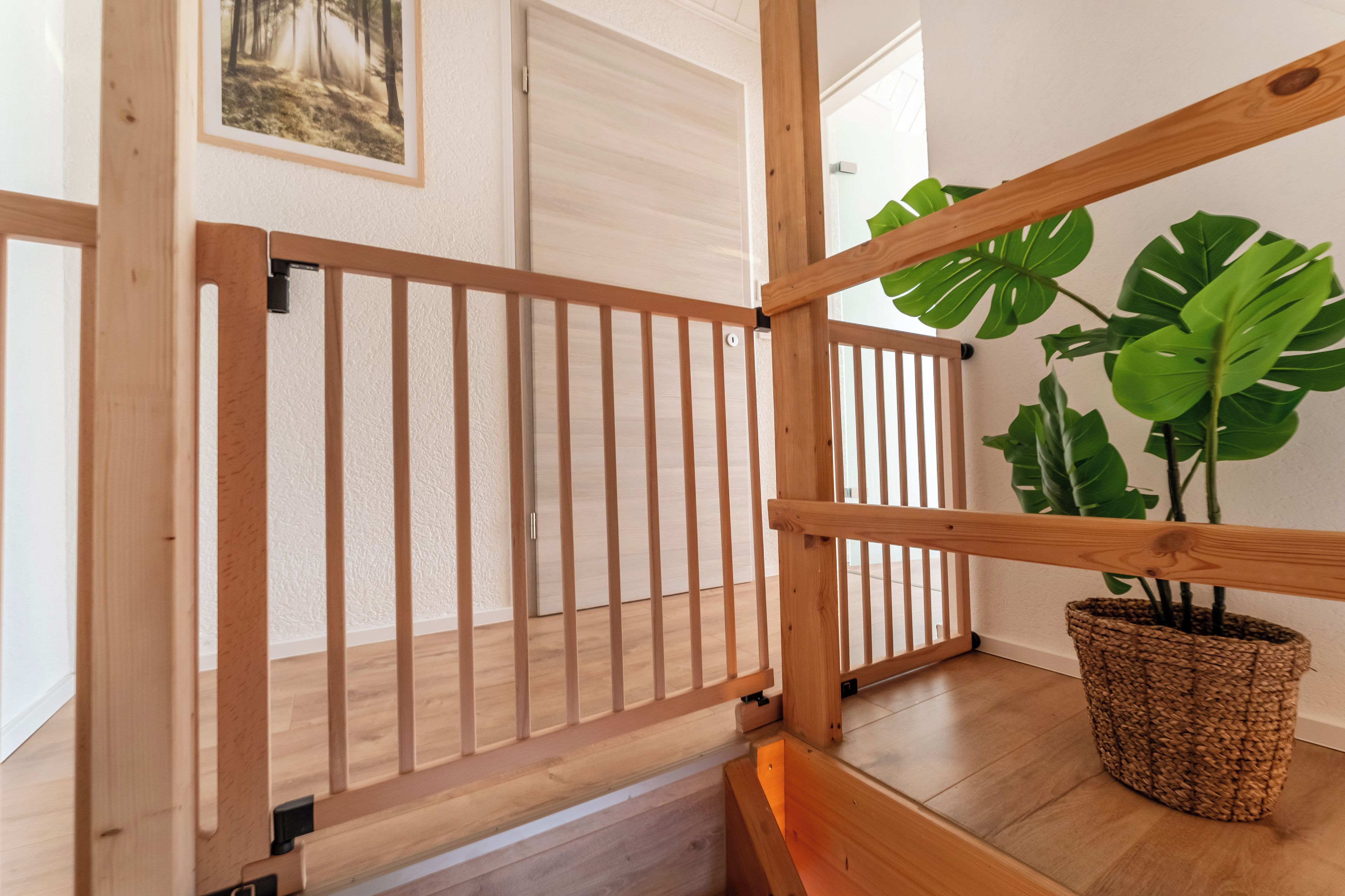 A wooden staircase with a handrail, a potted plant, and a door in the background.