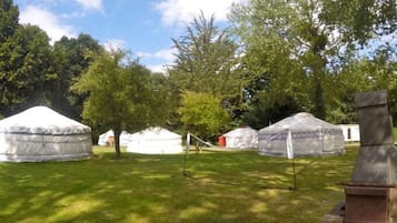 Yurts in a grassy area with trees in the background.