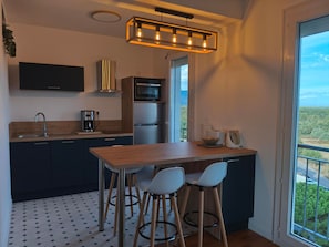 Eine moderne Küche mit Barbereich, Edelstahlgeräten und einem großen Fenster mit Blick.
