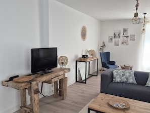 Un saló modern amb una televisió sobre una taula de fusta, un armari blau i un sofà gris amb coixins estampats.