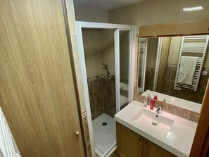 Een badkamer met een douche, wastafel en spiegel.