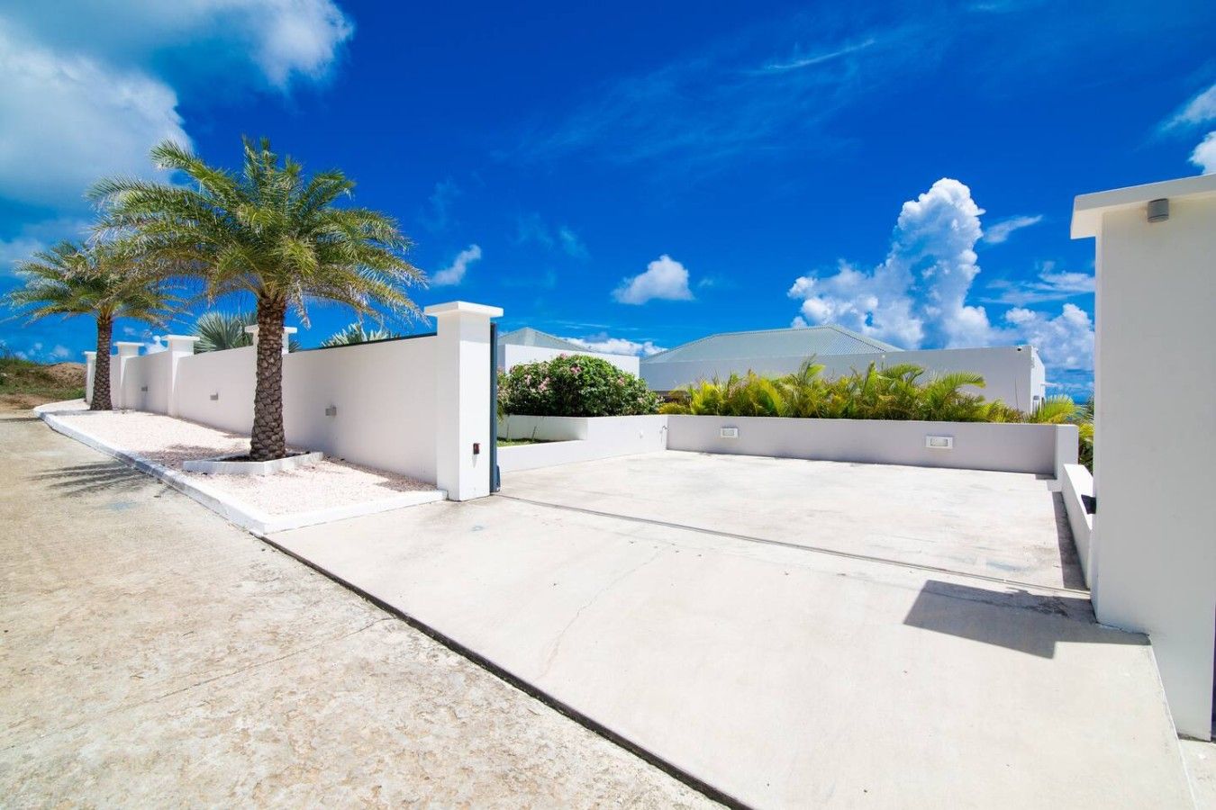 A modern residential property with a paved driveway, white walls, and a palm tree.