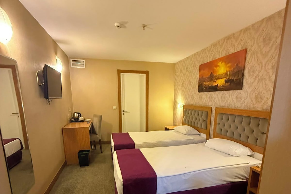 Une chambre d’hôtel avec deux lits, un bureau, une chaise, une télévision et un tableau au mur.