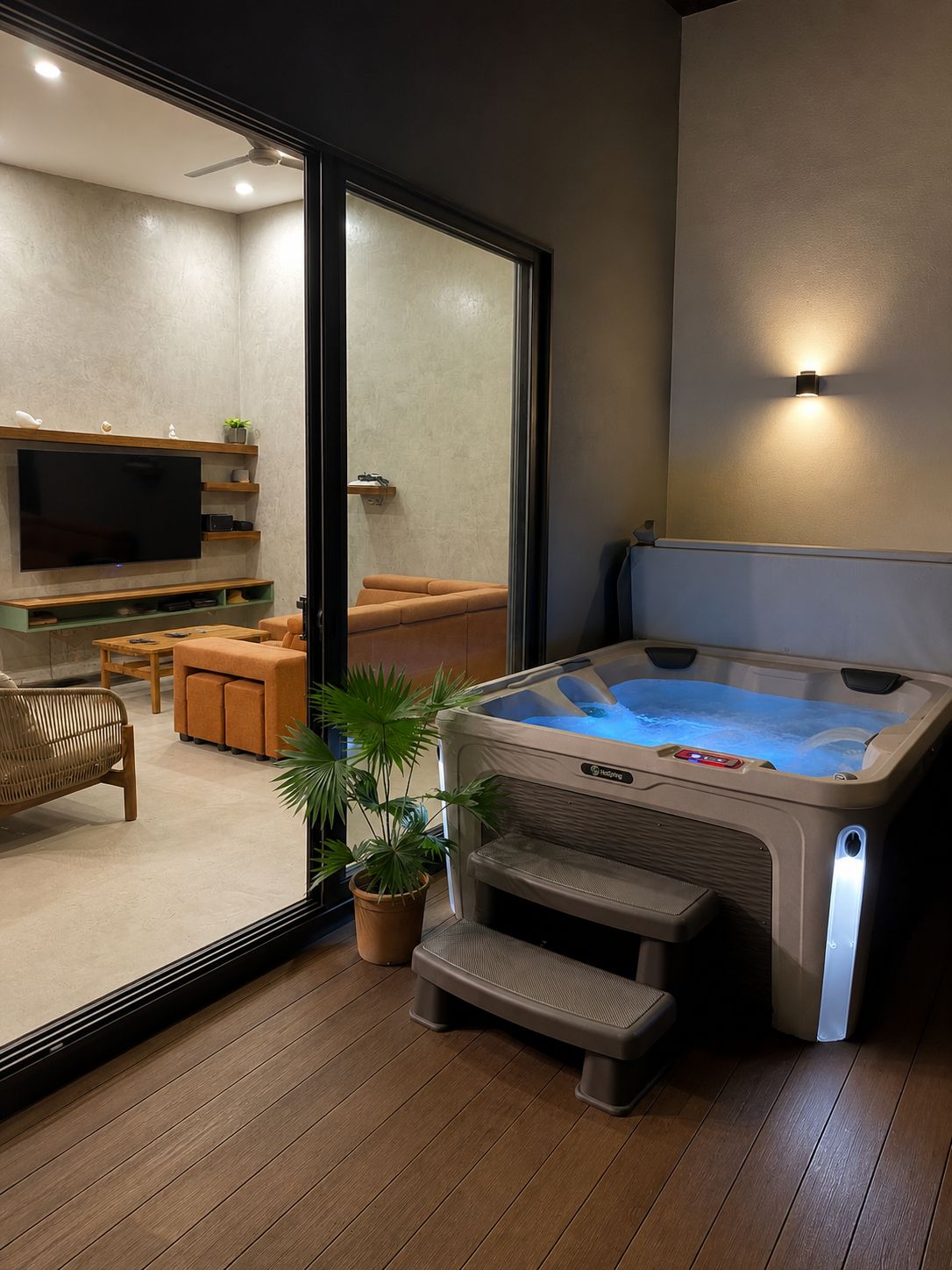 Un salon moderne doté d’un grand téléviseur à écran plat, de sièges confortables, d’un jacuzzi et d’un escalier menant à un espace extérieur.