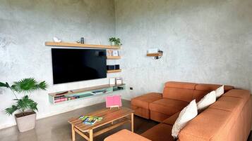 A modern living room with a flat-screen TV, a sofa, a coffee table, and a ceiling fan.