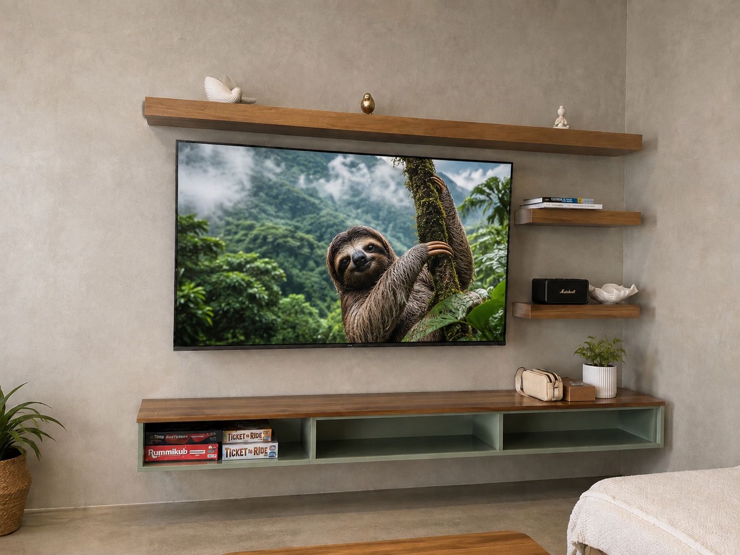 Un salon doté d’un grand téléviseur à écran plat fixé au mur, d’étagères en bois ornées de livres et d’objets décoratifs, d’un meuble de rangement vert et d’une plante en pot.