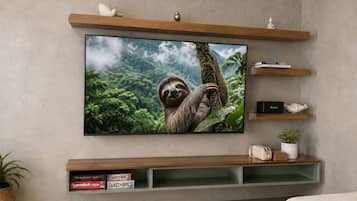 Un salon doté d’un grand téléviseur à écran plat fixé au mur, d’étagères en bois ornées de livres et d’objets décoratifs, d’un meuble de rangement vert et d’une plante en pot.