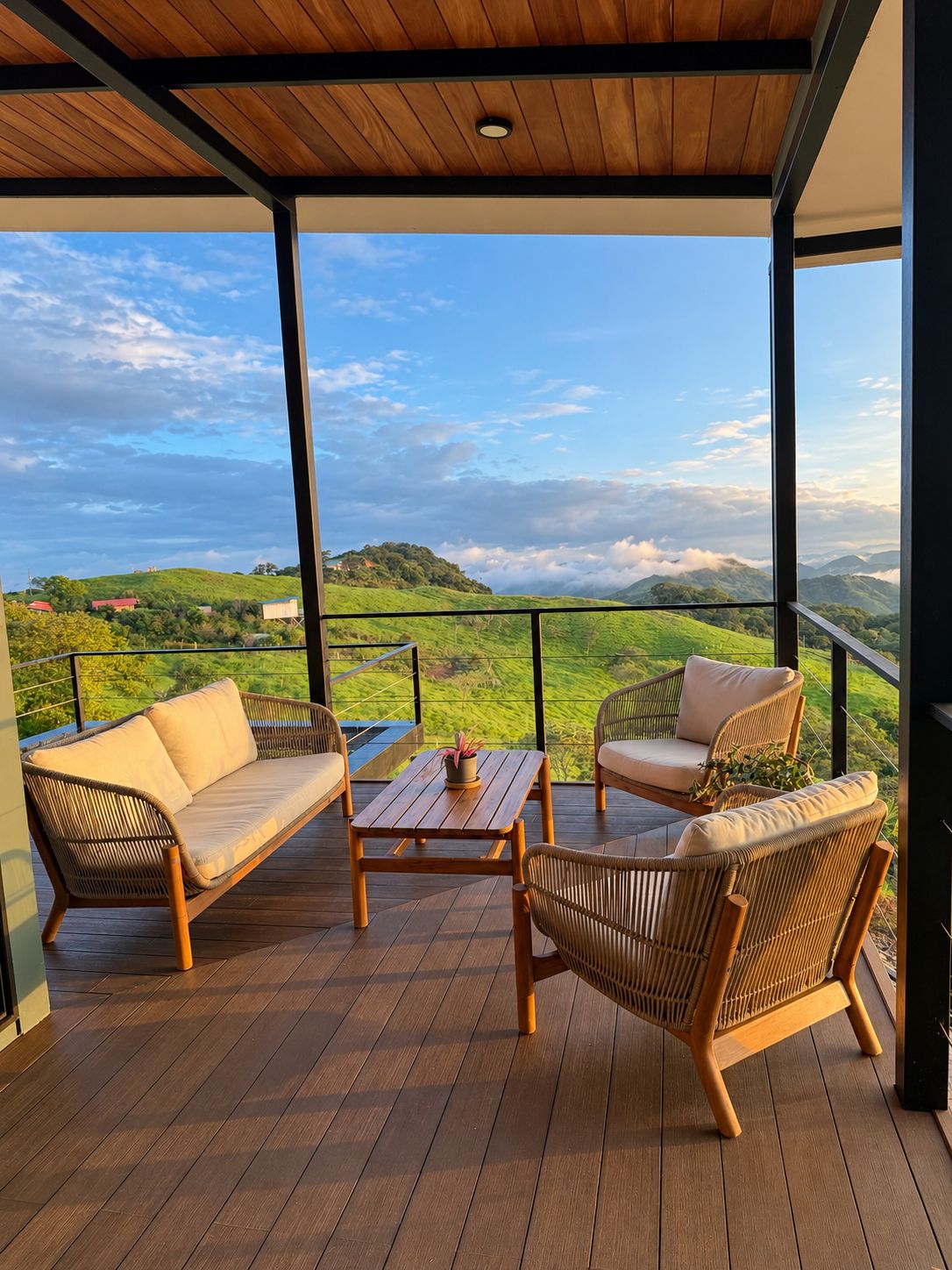 Un balcon agrémenté de meubles en osier, d’une table en bois et offrant une vue sur des collines verdoyantes.