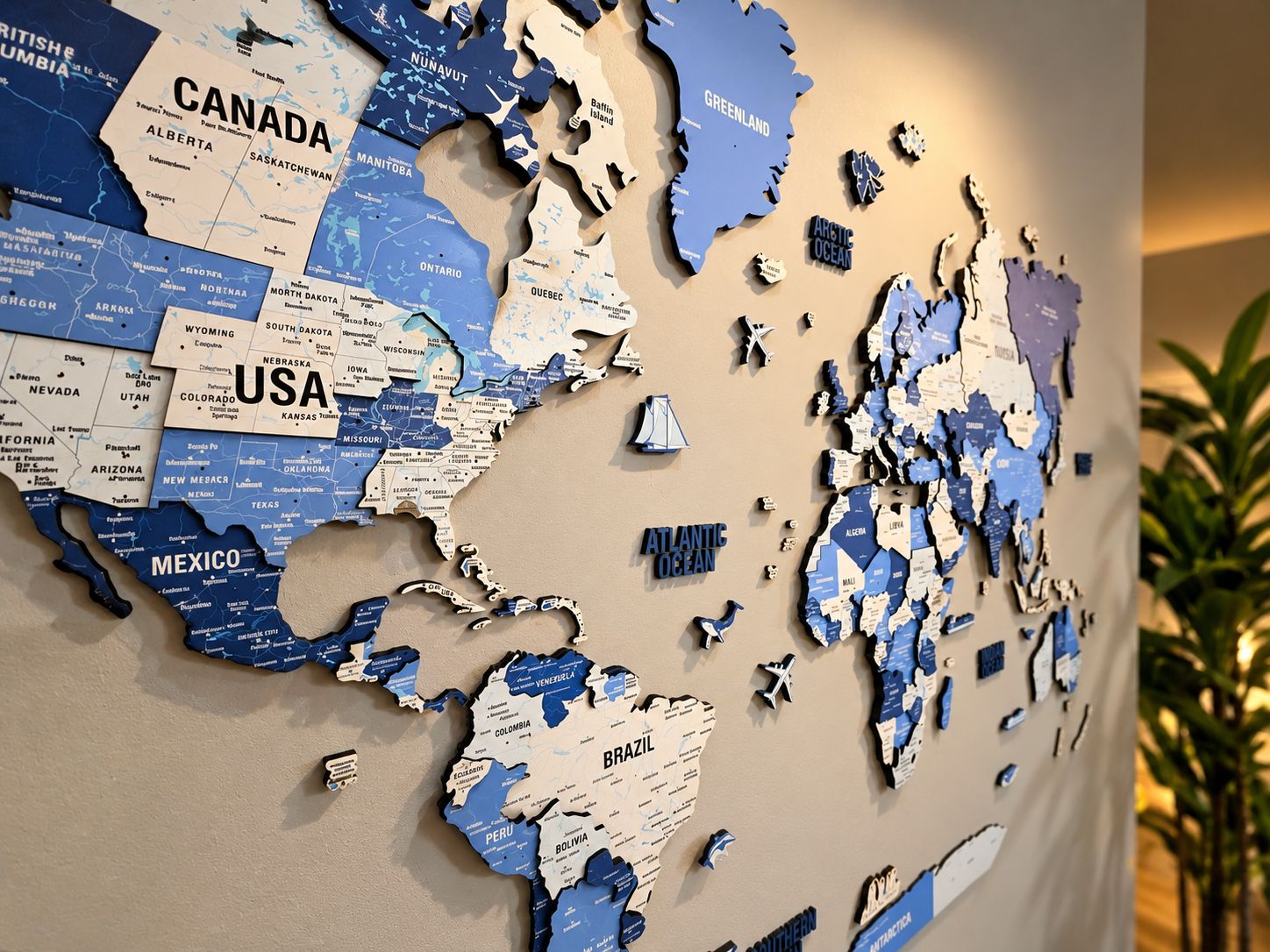 A wall with a large, detailed map of North America and parts of South America.