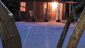A wooden cabin with a porch, surrounded by snow-covered ground and trees. - Village Oaks, The Little Cabin  (Wanchese)