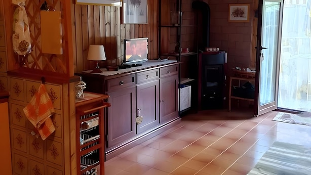 A wooden-paneled room with a kitchen area, a fireplace, and a dining table.