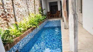 Ein schmaler Pool mit blauen Mosaikfliesen, umgeben von Pflanzen und einer Ziegelwand.