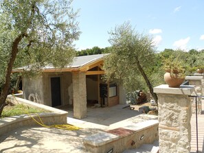 A small stone building with a wooden roof, surrounded by olive trees.