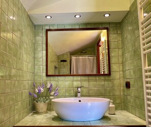 Un baño con un lavamanos ovalado grande, un espejo y una zona de ducha.