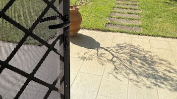 A garden with a paved walkway, a potted plant, and a fence.