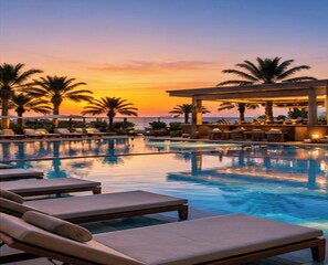 Ein Poolbereich mit Liegestühlen und einer Bar im Abendlicht.