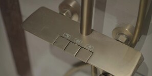 A metallic control panel with several buttons and a lever, likely for a shower or faucet.