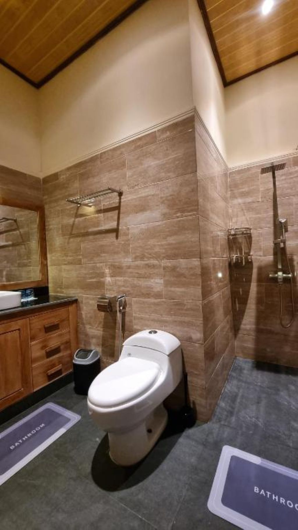 A modern bathroom with a toilet, a shower, and a vanity with a mirror.