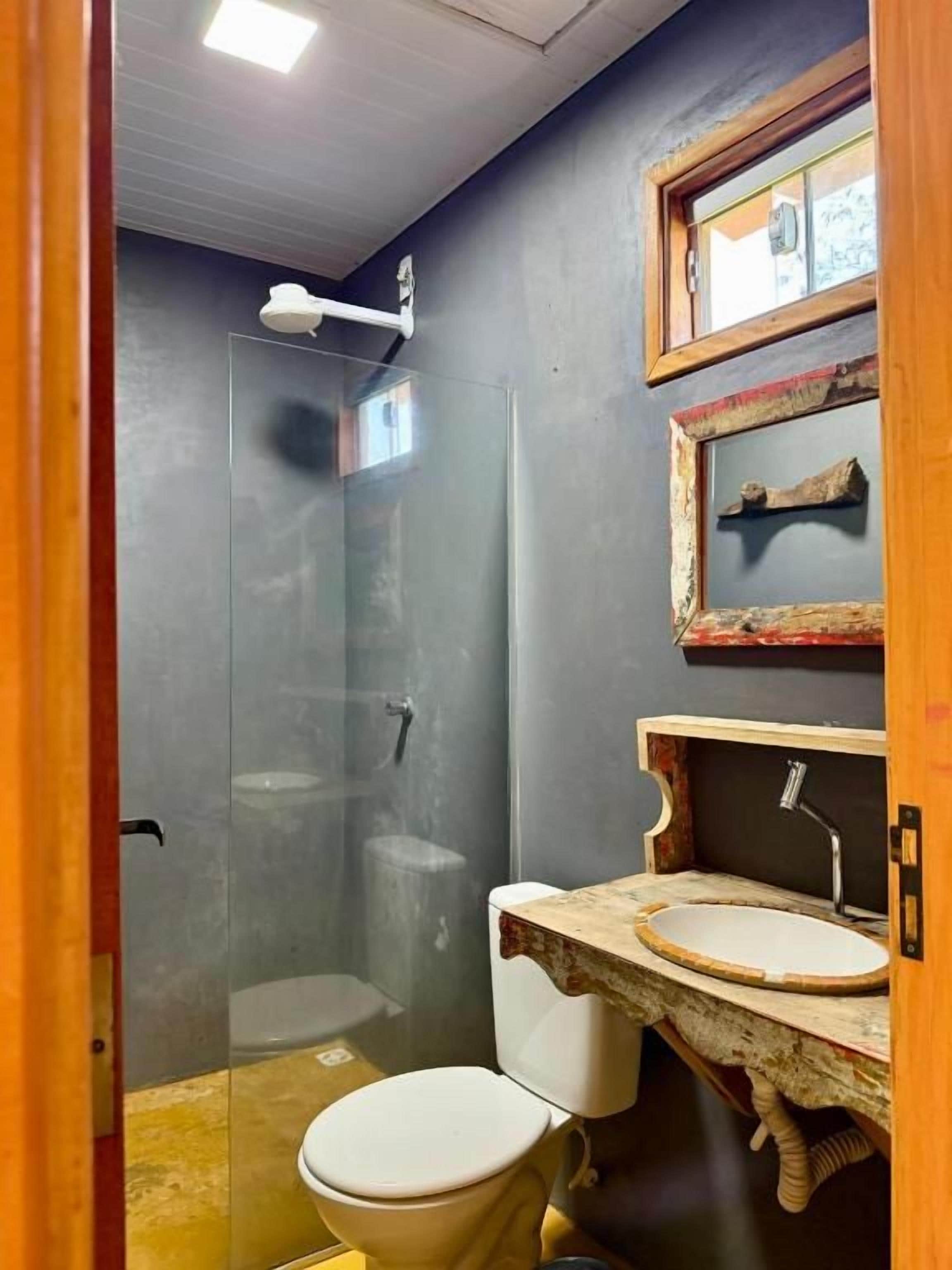 Casa de banho com cabine de chuveiro de vidro, sanita branca e toucador de madeira com lavatório.