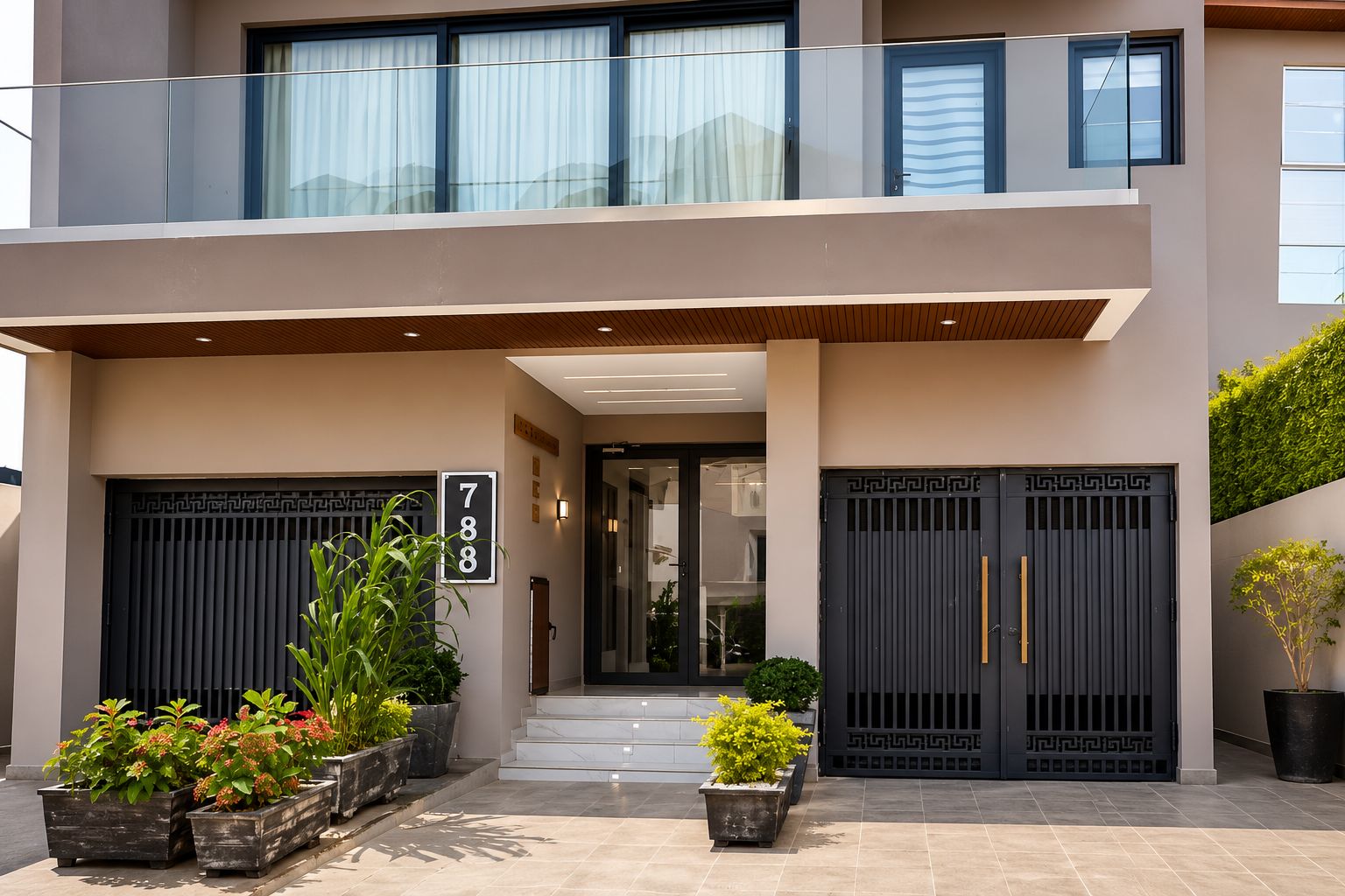 A modern two-story building with a balcony, large doors, and potted plants.