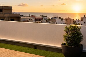 Terraza en la azotea con vista al mar al atardecer, una planta en maceta y una cubierta de madera.