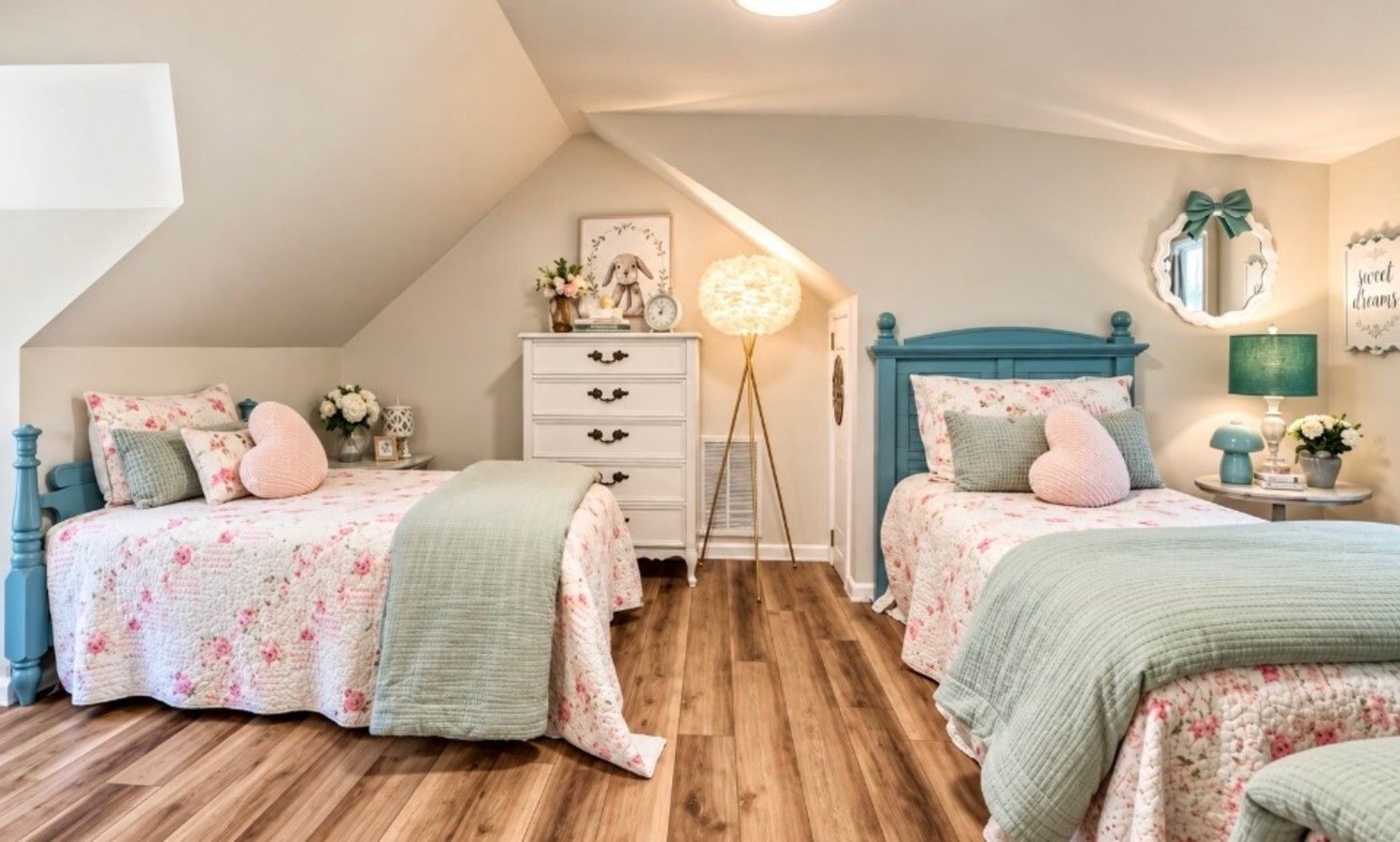 Une chambre avec deux lits, une commode, une lampe et une horloge murale.