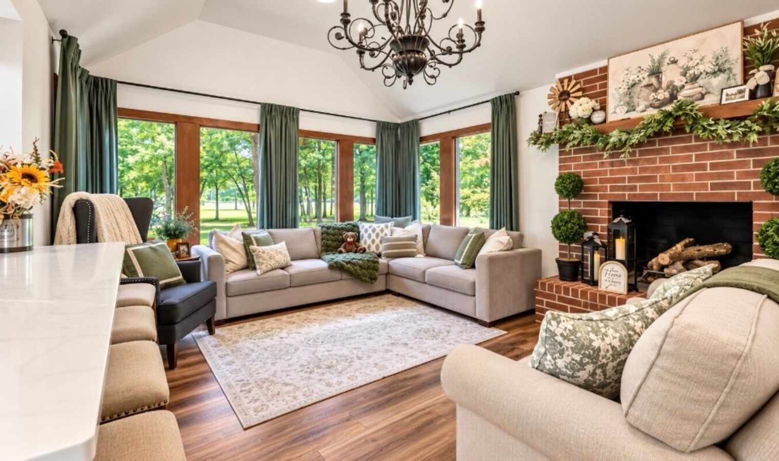 A spacious living room with a sectional sofa, a fireplace, and large windows.