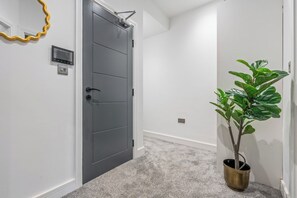 Un pasillo con una puerta gris, una planta en maceta y un interruptor de luz en la pared.